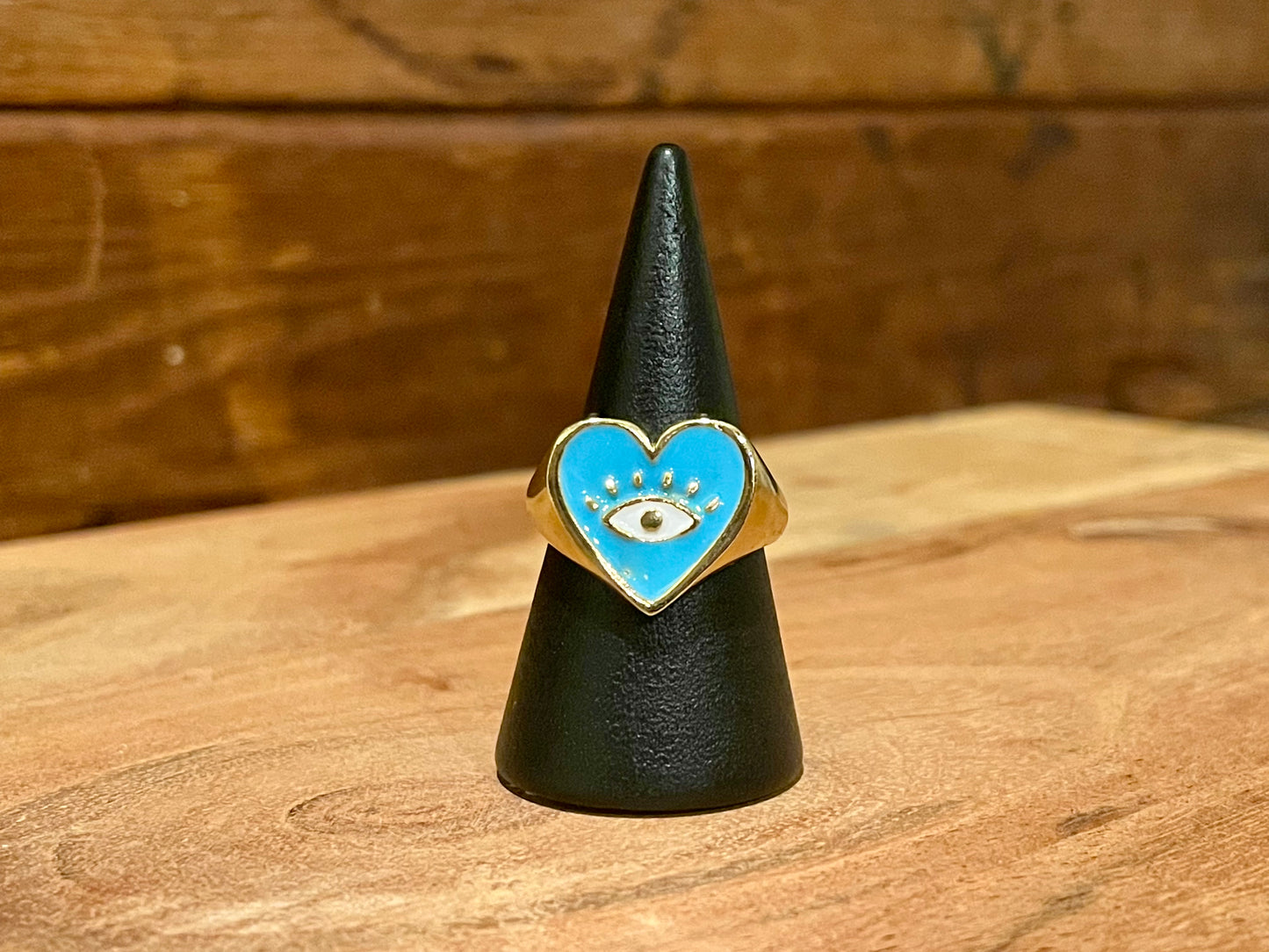 Evil Eye Blue Enamel Heart Ring-Adjustable